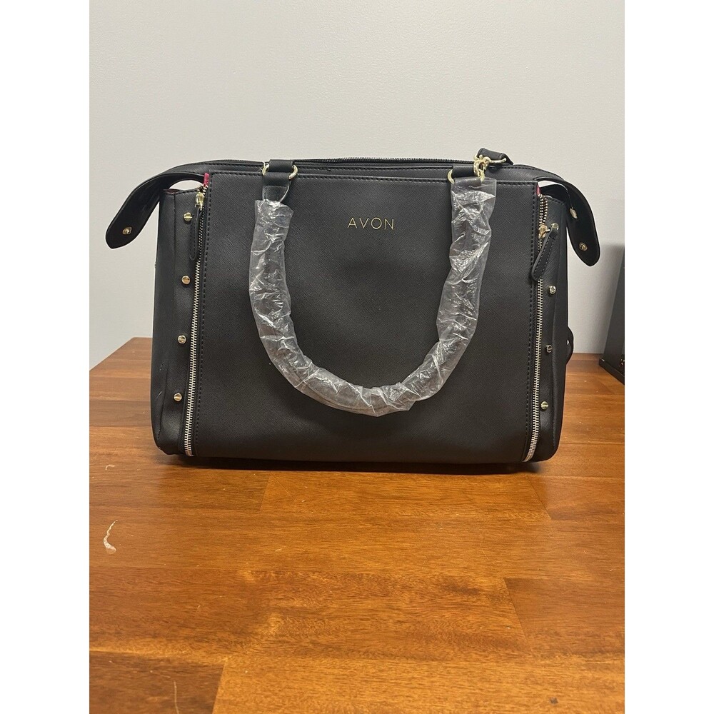 Avon Black Medium Satchel Pink Lining Gold Hardware Detachable Strap Organizer